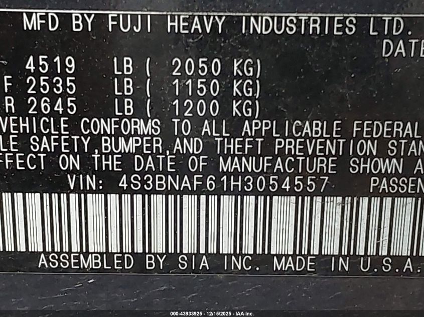 2017 Subaru Legacy 2.5I Premium VIN: 4S3BNAF61H3054557 Lot: 43933925