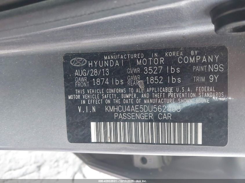 2013 Hyundai Accent Gls VIN: KMHCU4AE5DU562408 Lot: 43933931