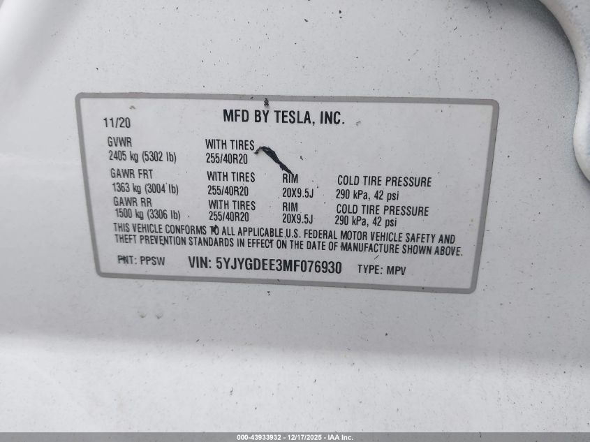 2021 Tesla Model Y Long Range Dual Motor All-Wheel Drive VIN: 5YJYGDEE3MF076930 Lot: 43933932