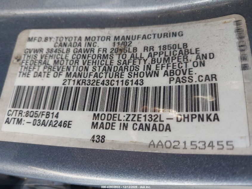 2003 Toyota Matrix Xr VIN: 2T1KR32E43C116143 Lot: 43933933