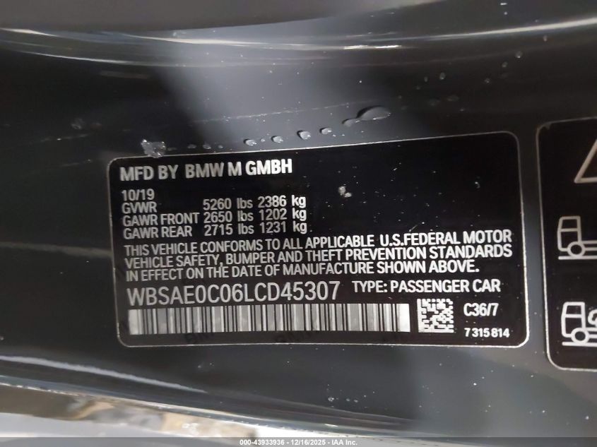 2020 BMW M8 VIN: WBSAE0C06LCD45307 Lot: 43933936