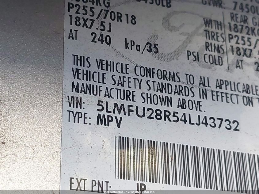 2004 Lincoln Navigator VIN: 5LMFU28R54LJ43732 Lot: 43933945