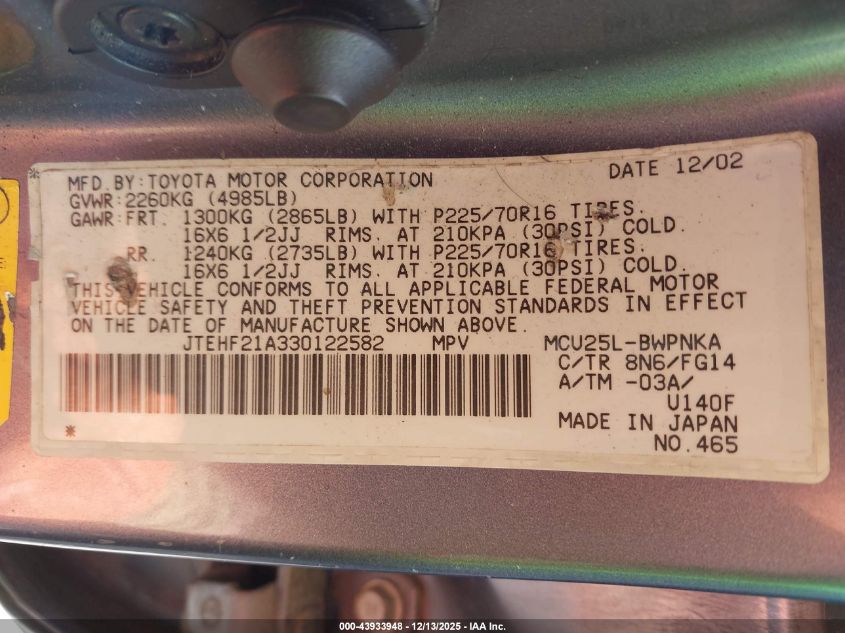 2003 Toyota Highlander V6 VIN: JTEHF21A330122582 Lot: 43933948