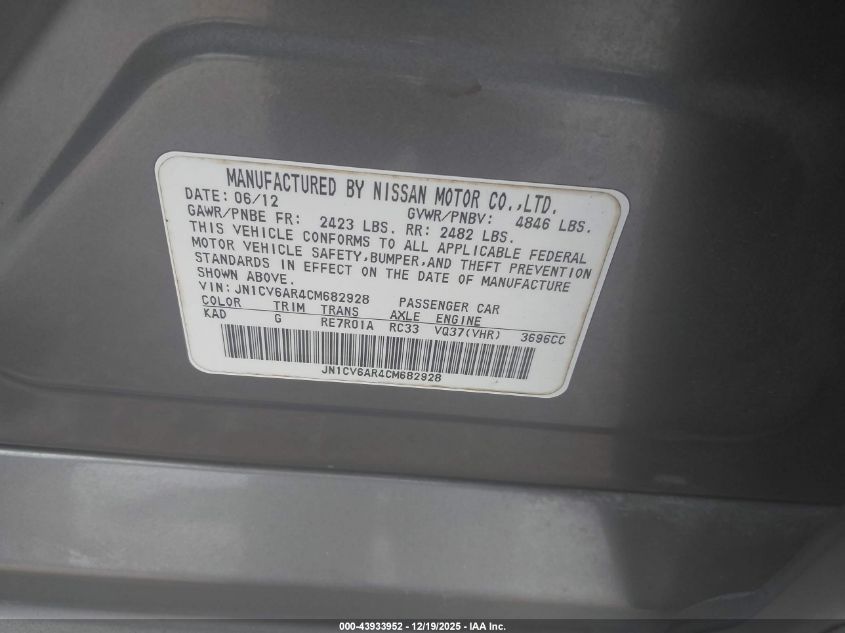 2012 Infiniti G37X VIN: JN1CV6AR4CM682928 Lot: 43933952