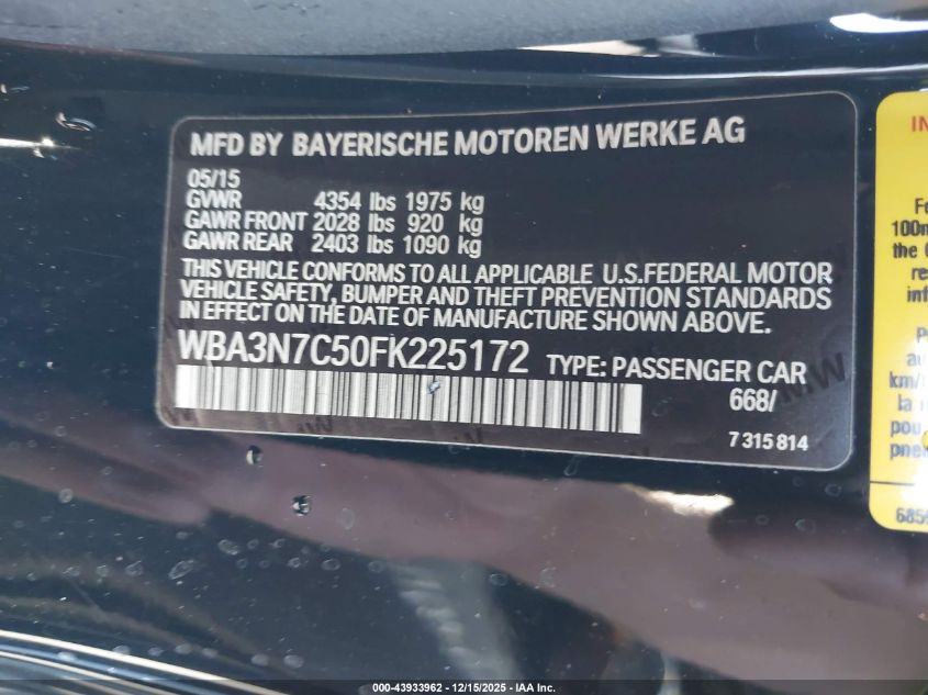 2015 BMW 428I VIN: WBA3N7C50FK225172 Lot: 43933962