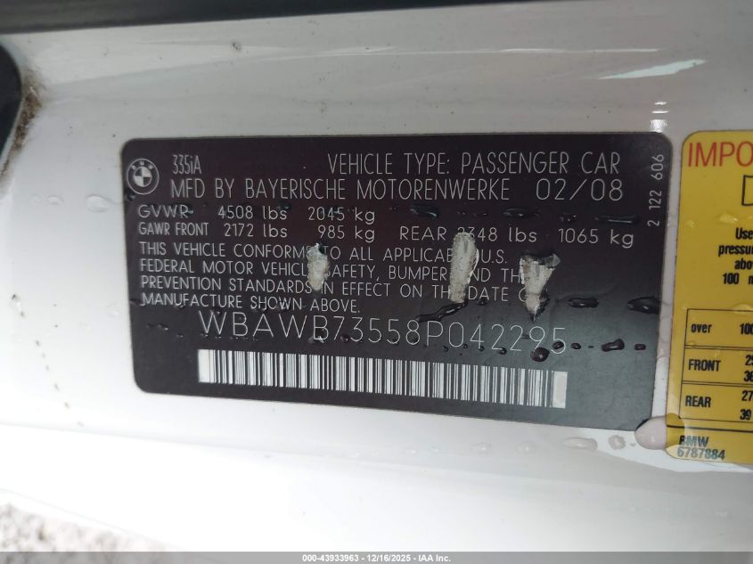 2008 BMW 335I VIN: WBAWB73558P042295 Lot: 43933963