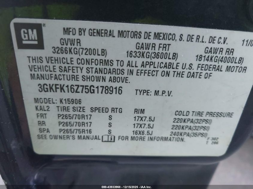 2005 GMC Yukon Xl 1500 Slt VIN: 3GKFK16Z75G178916 Lot: 43933968
