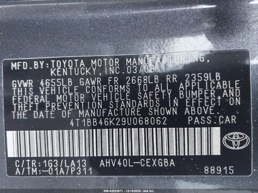 2009 Toyota Camry Hybrid VIN: 4T1BB46K29U068062 Lot: 43933971