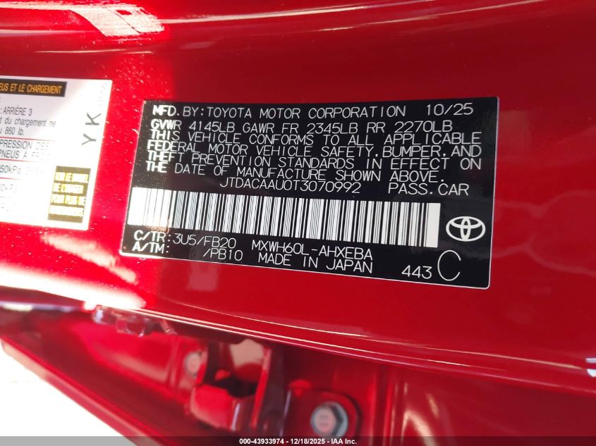 2026 Toyota Prius Le VIN: JTDACAAU0T3070992 Lot: 43933974