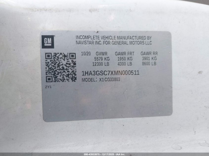 2021 Chevrolet Express Cutaway Work Van VIN: 1HA3GSC7XMN000511 Lot: 43933975