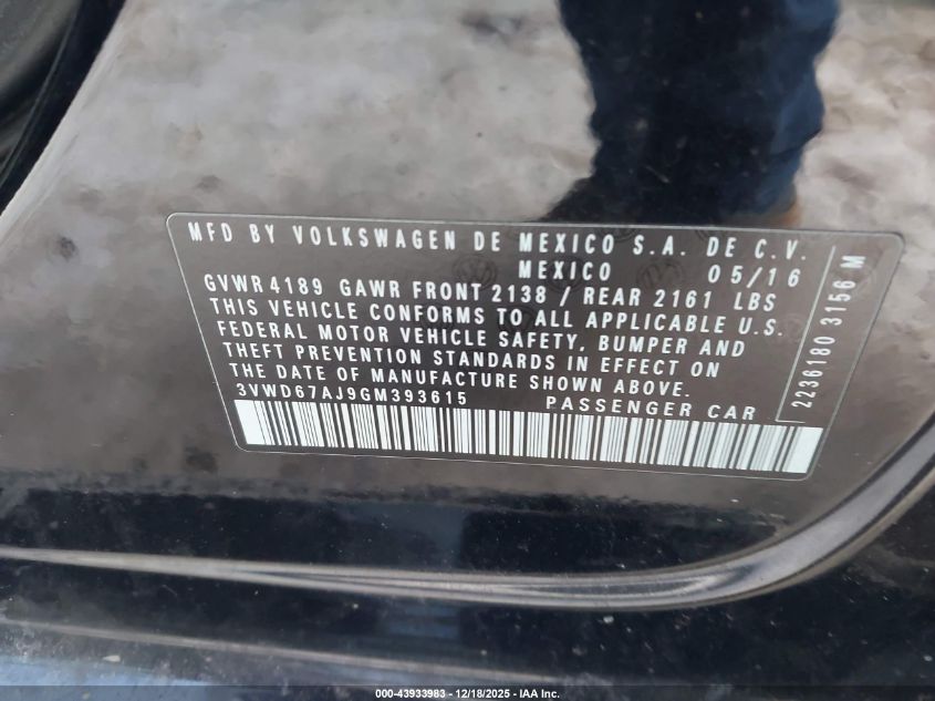 2016 Volkswagen Jetta 1.4T Se VIN: 3VWD67AJ9GM393615 Lot: 43933983