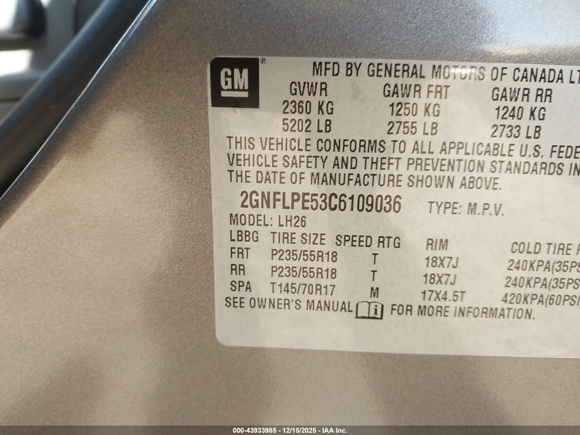 2012 Chevrolet Equinox 3.0 2Lt Unknown Lot 111043933985 Vin 2GNFLPE53C6109036