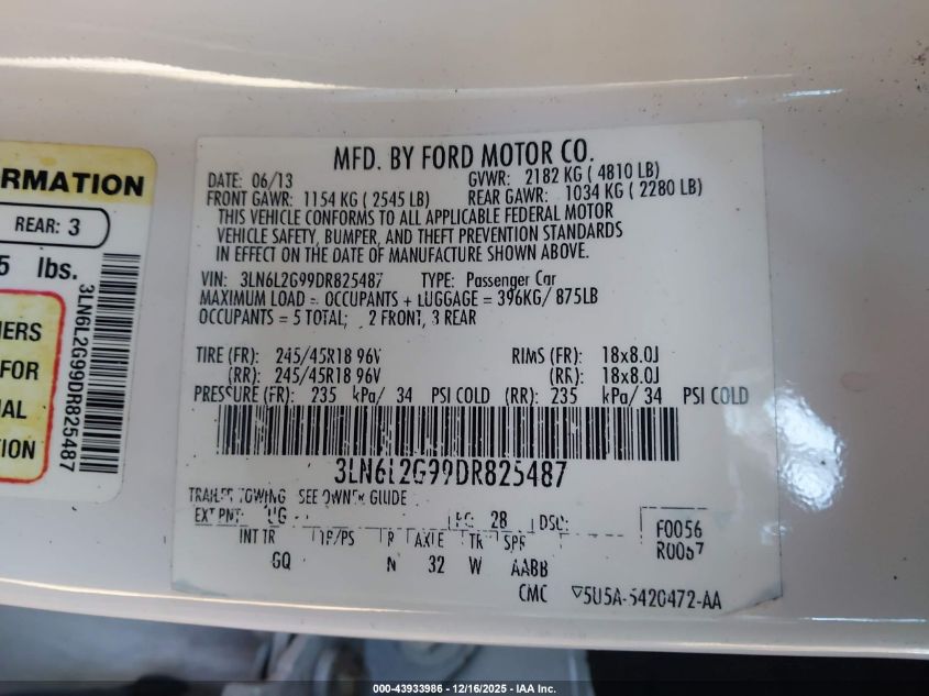 2013 Lincoln Mkz VIN: 3LN6L2G99DR825487 Lot: 43933986