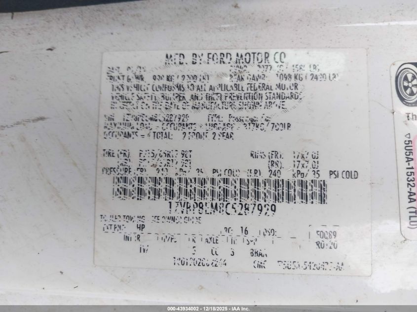 2012 Ford Mustang V6 VIN: 1ZVBP8EM8C5287929 Lot: 43934002