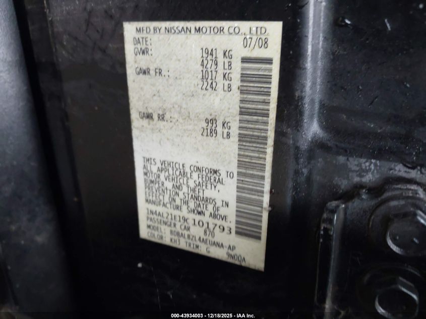 2009 Nissan Altima 2.5 S VIN: 1N4AL21E19C101793 Lot: 43934003