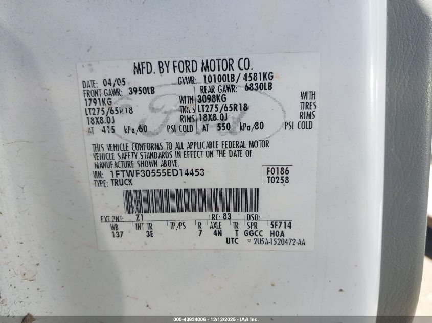 2005 Ford F-350 Xl/Xlt VIN: 1FTWF30555ED14453 Lot: 43934006