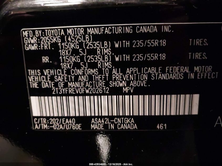 2015 Toyota Rav4 Limited VIN: 2T3YFREV0FW202612 Lot: 43934009