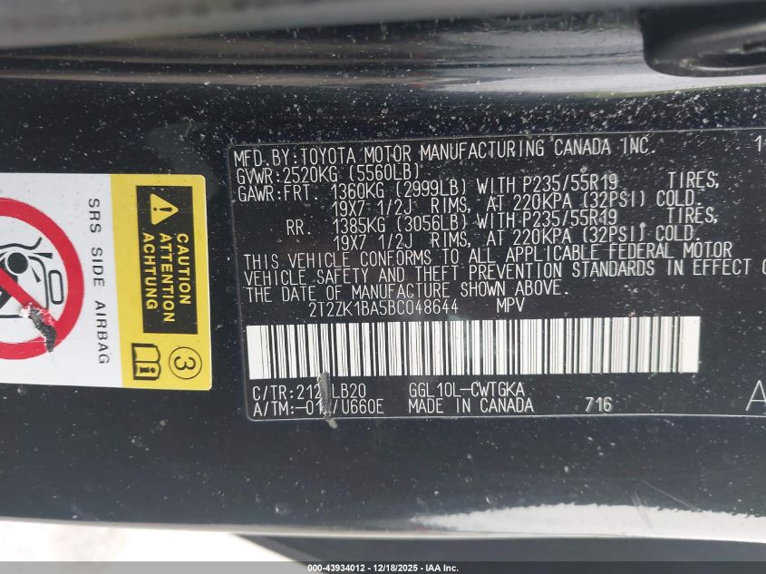 2011 Lexus Rx 350 VIN: 2T2ZK1BA5BC048644 Lot: 43934012