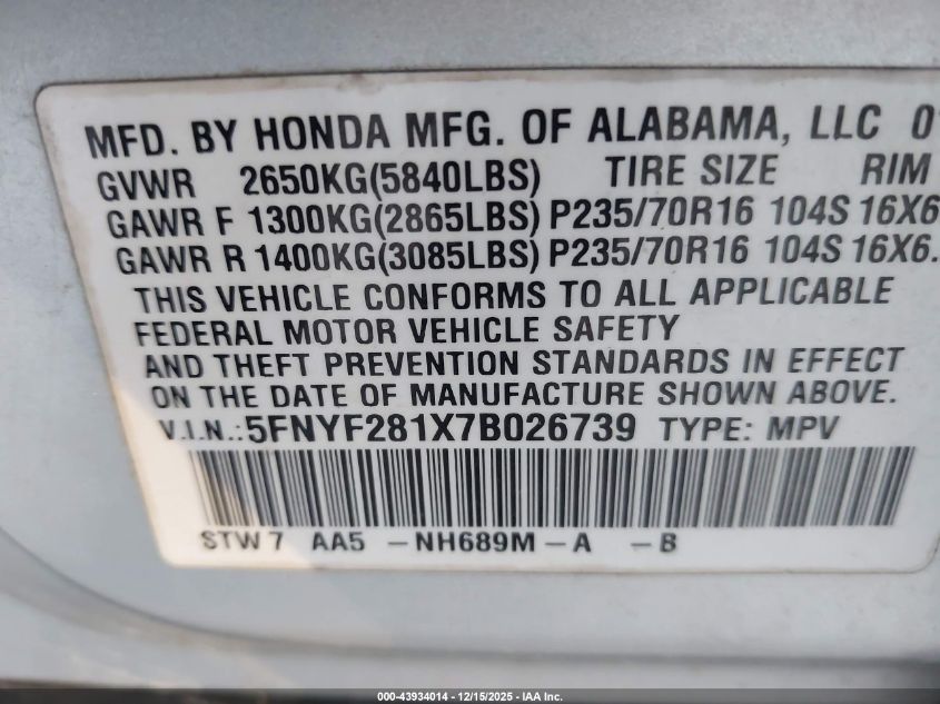 2007 Honda Pilot Lx VIN: 5FNYF281X7B026739 Lot: 43934014