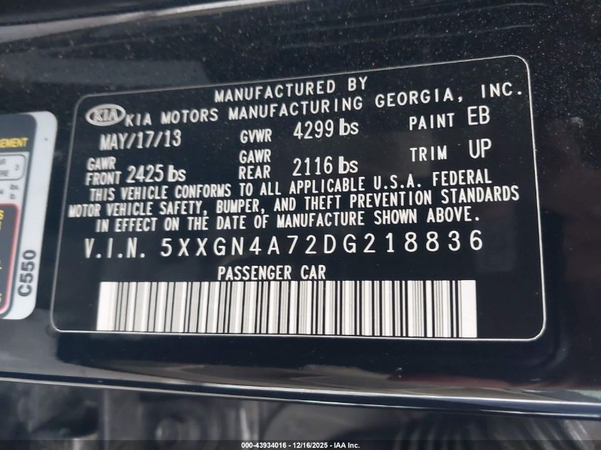 2013 Kia Optima Ex VIN: 5XXGN4A72DG218836 Lot: 43934016