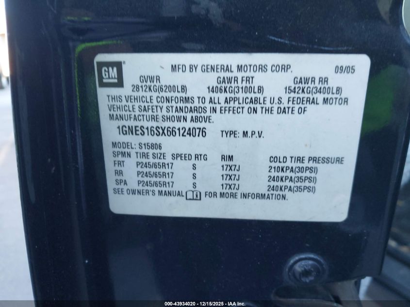 2006 Chevrolet Trailblazer Ext Lt VIN: 1GNES16SX66124076 Lot: 43934020