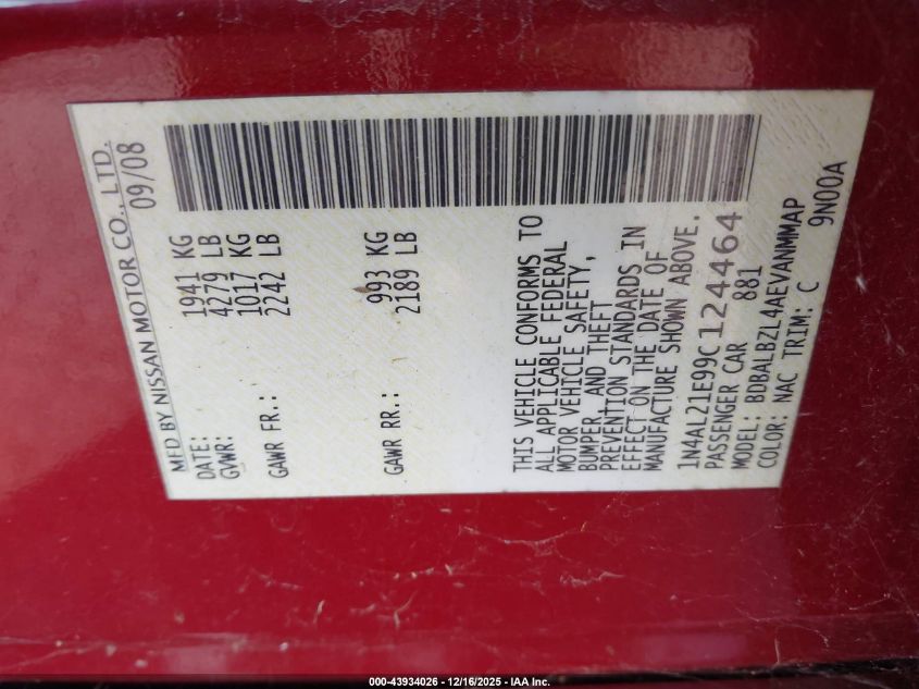 2009 Nissan Altima 2.5 S VIN: 1N4AL21E99C124464 Lot: 43934026