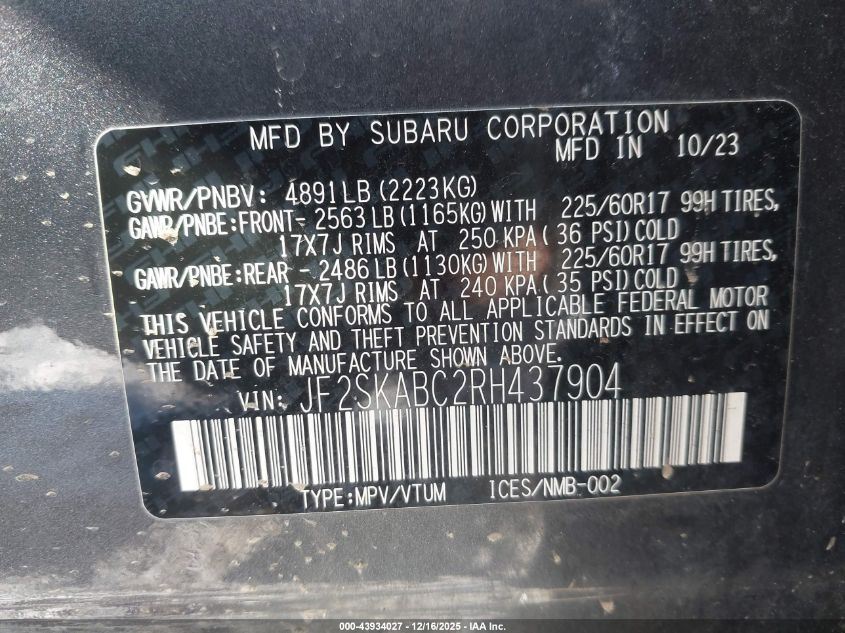 2024 Subaru Forester VIN: JF2SKABC2RH437904 Lot: 43934027