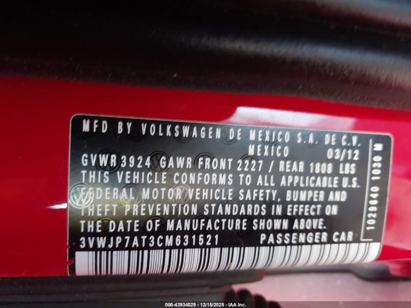 2012 Volkswagen Beetle 2.5L VIN: 3VWJP7AT3CM631521 Lot: 43934029