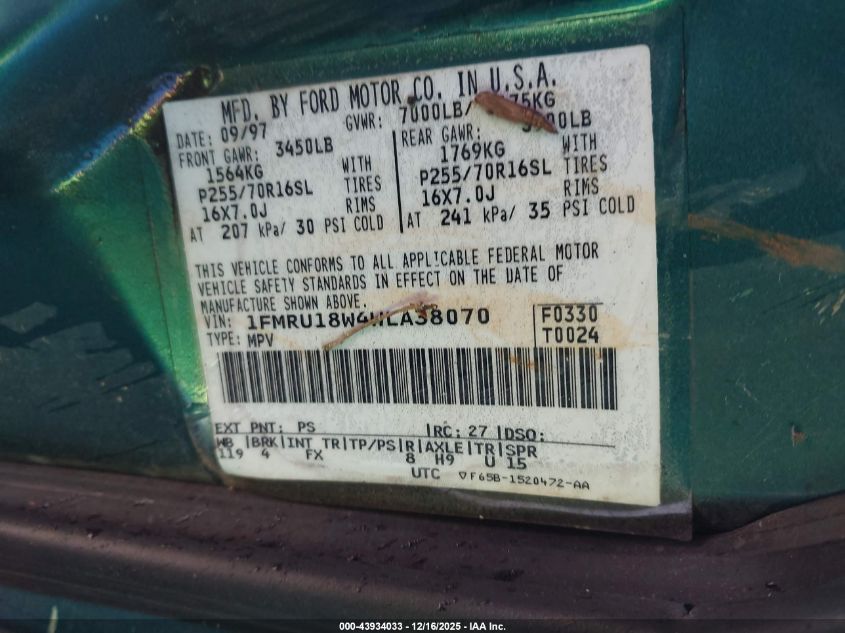 1998 Ford Expedition Eddie Bauer/Xlt VIN: 1FMRU18W4WLA38070 Lot: 43934033