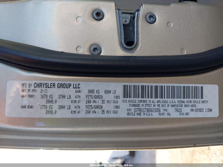 2011 Ram Ram 1500 Slt VIN: 1D7RB1CT8BS615356 Lot: 43934039