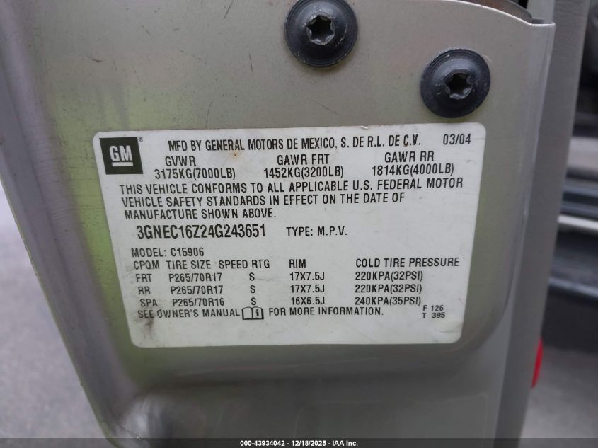 2004 Chevrolet Suburban 1500 Lt VIN: 3GNEC16Z24G243651 Lot: 43934042