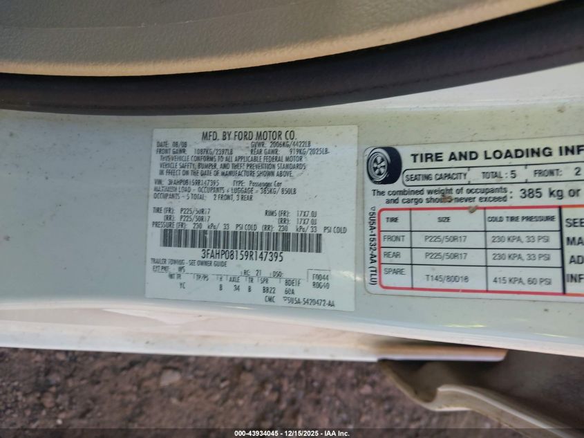 2009 Ford Fusion Sel VIN: 3FAHP08159R147395 Lot: 43934045