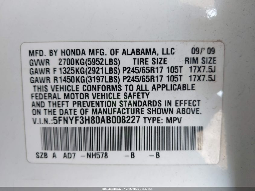 2010 Honda Pilot Touring VIN: 5FNYF3H80AB008227 Lot: 43934047