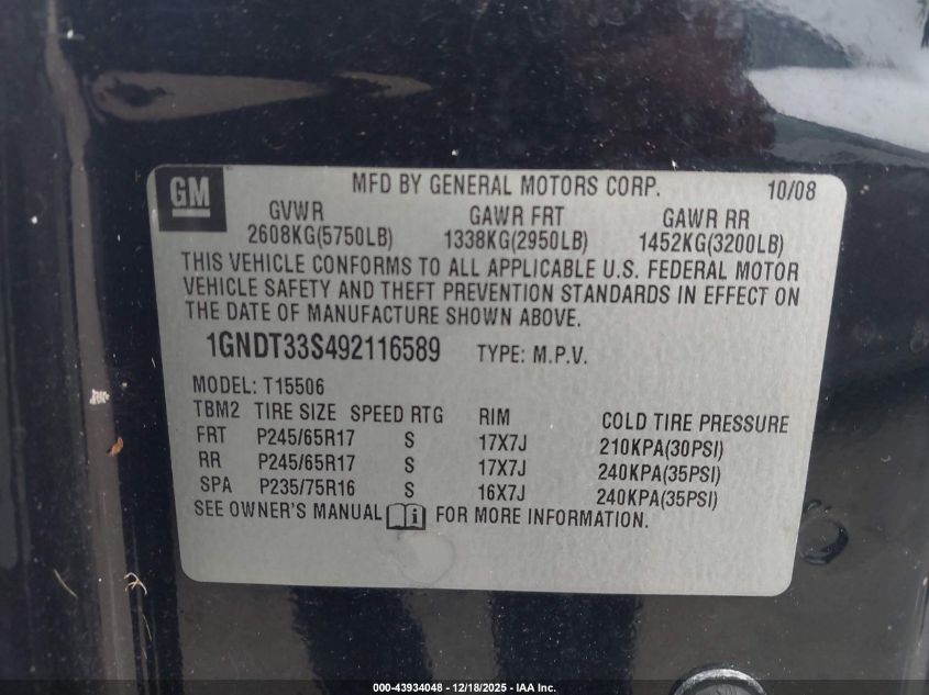 2009 Chevrolet Trailblazer Lt VIN: 1GNDT33S492116589 Lot: 43934048