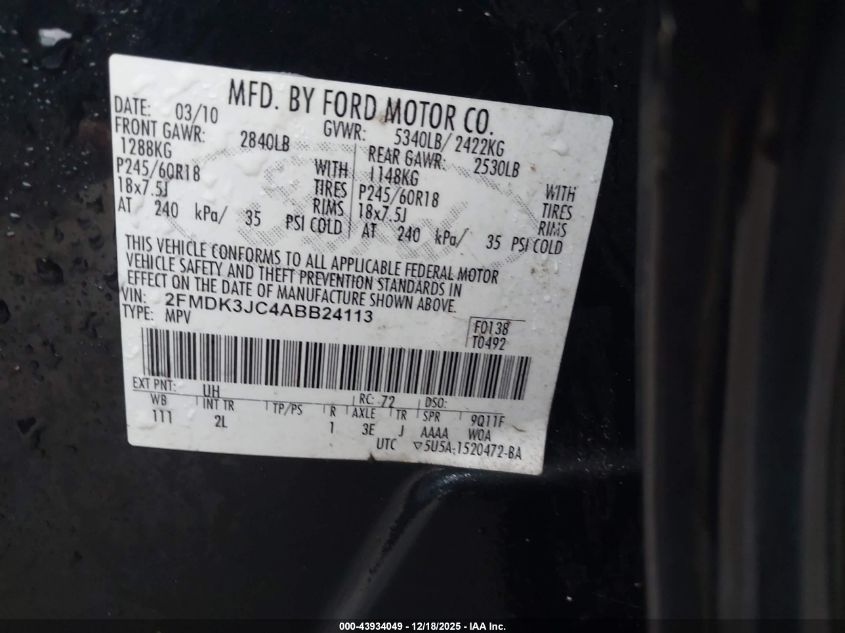 2010 Ford Edge Sel VIN: 2FMDK3JC4ABB24113 Lot: 43934049