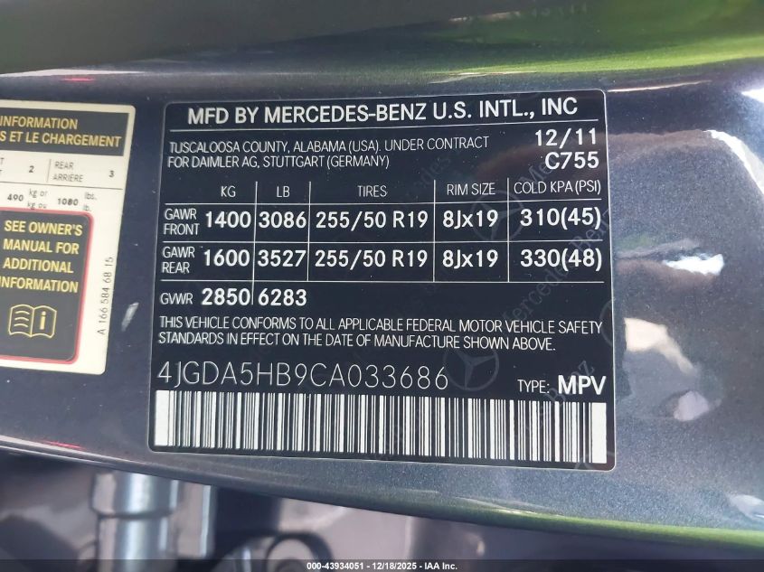 2012 Mercedes-Benz Ml 350 4Matic VIN: 4JGDA5HB9CA033686 Lot: 43934051