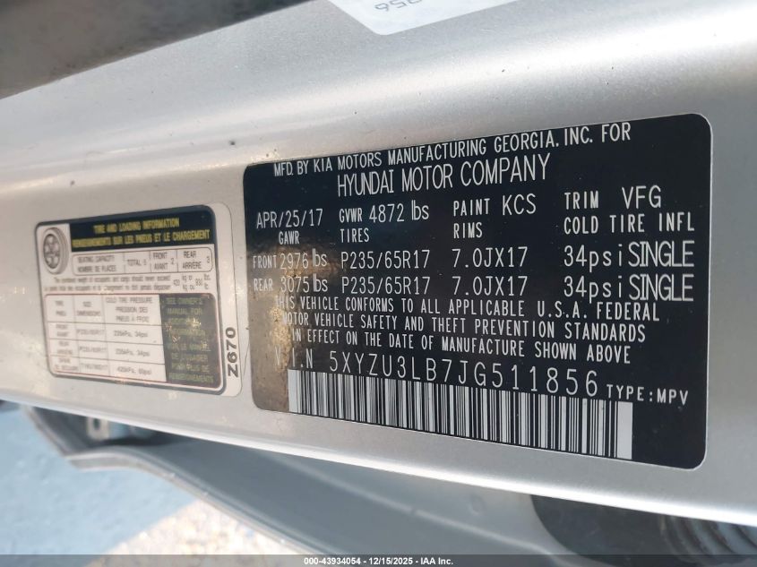 2018 Hyundai Santa Fe Sport 2.4L VIN: 5XYZU3LB7JG511856 Lot: 43934054