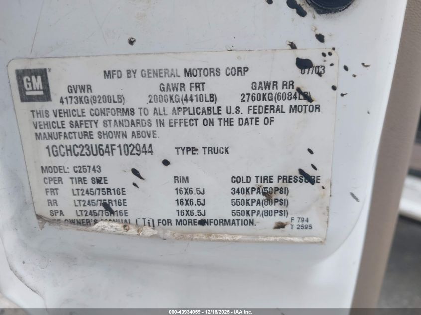 2004 Chevrolet Silverado 2500Hd Ls VIN: 1GCHC23U64F102944 Lot: 43934059
