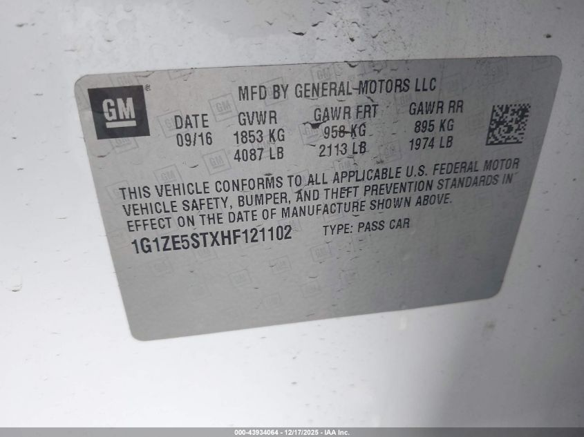 2017 Chevrolet Malibu 1Lt VIN: 1G1ZE5STXHF121102 Lot: 43934064