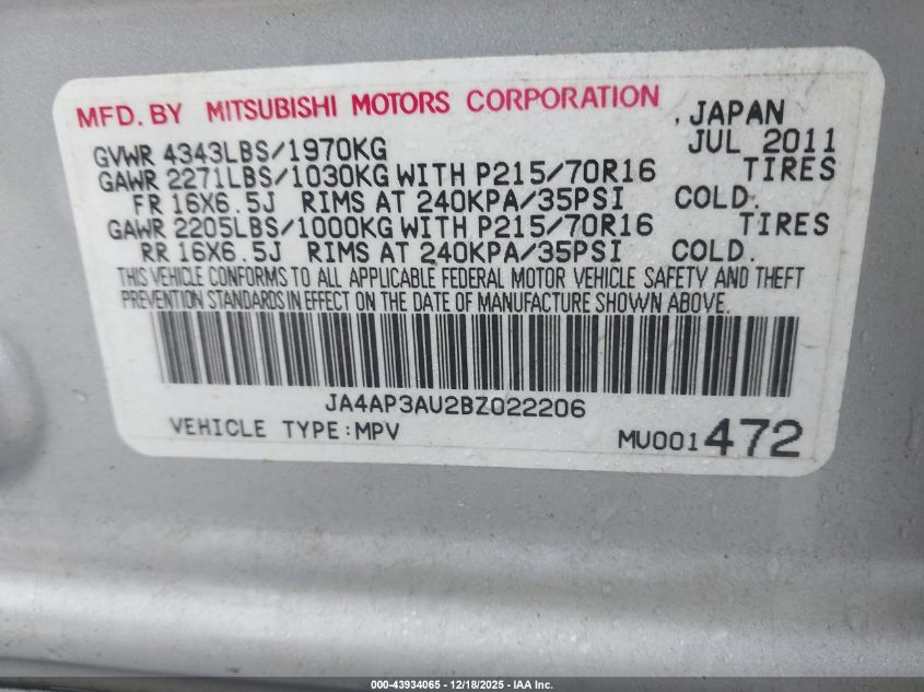 2011 Mitsubishi Outlander Sport Es VIN: JA4AP3AU2BZ022206 Lot: 43934065