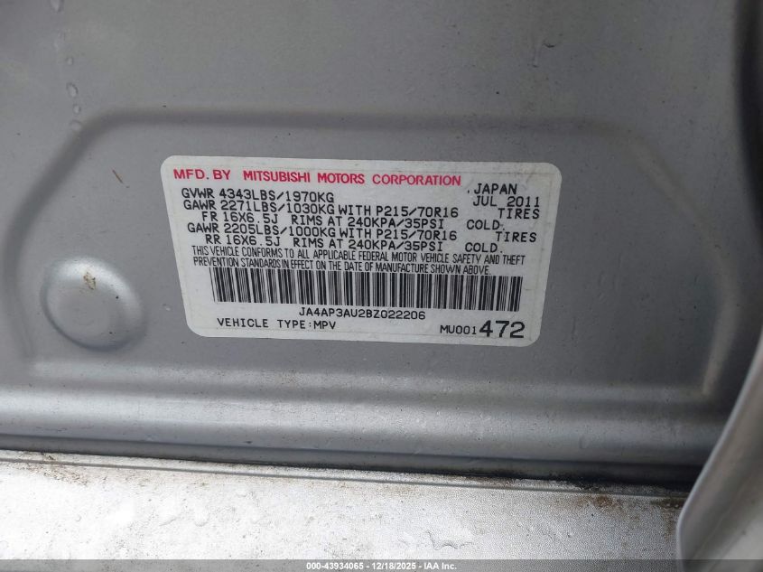 2011 Mitsubishi Outlander Sport Es VIN: JA4AP3AU2BZ022206 Lot: 43934065