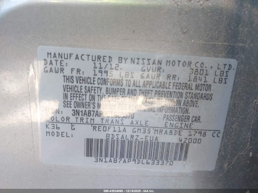 2013 Nissan Sentra Sr VIN: 3N1AB7AP9DL633370 Lot: 43934068