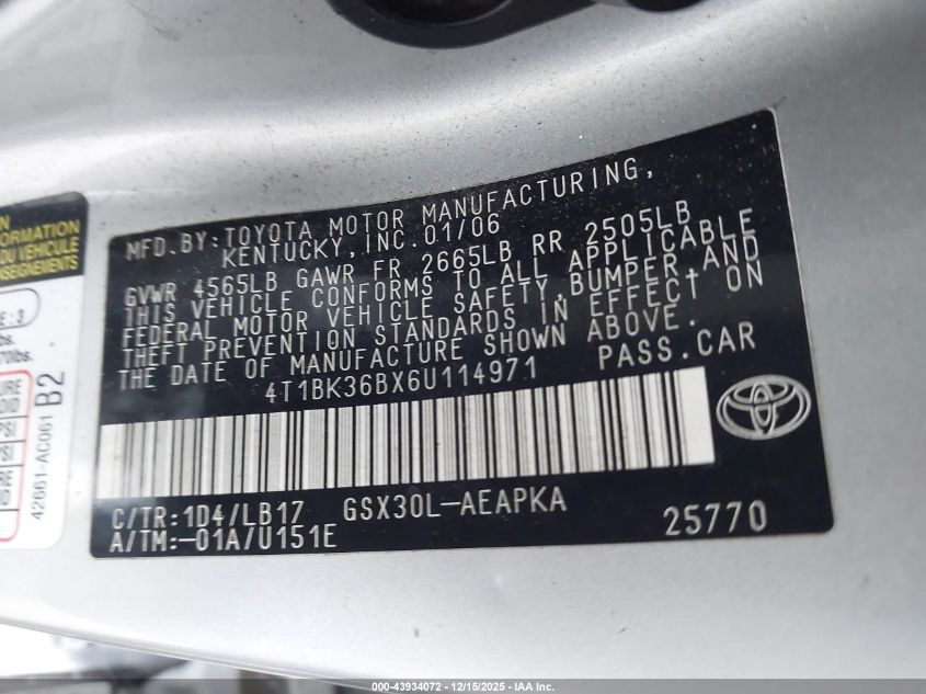 2006 Toyota Avalon Limited VIN: 4T1BK36BX6U114971 Lot: 43934072