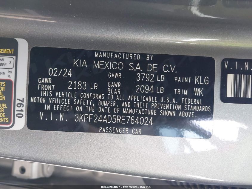2024 Kia Forte Lxs VIN: 3KPF24AD5RE764024 Lot: 43934077