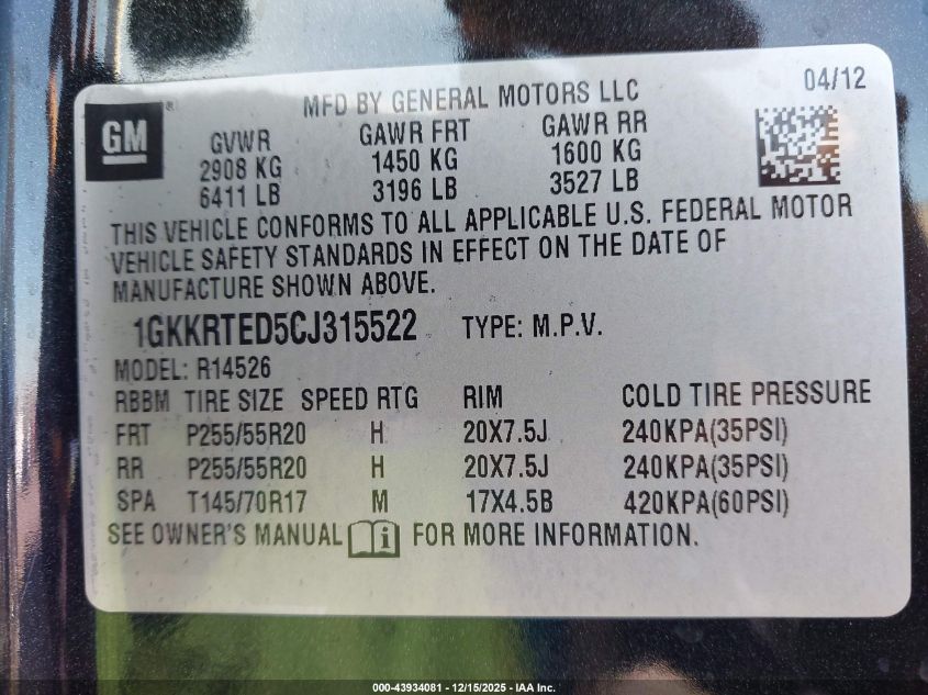 2012 GMC Acadia Denali VIN: 1GKKRTED5CJ315522 Lot: 43934081