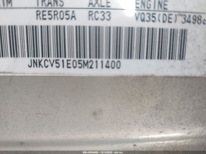 2005 Infiniti G35 VIN: JNKCV51E05M211400 Lot: 43934089