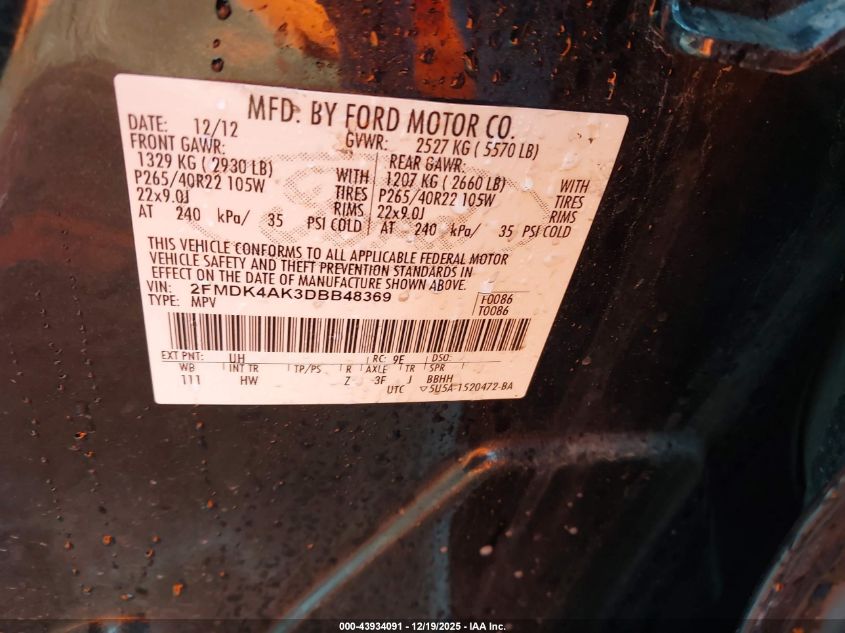 2013 Ford Edge Sport VIN: 2FMDK4AK3DBB48369 Lot: 43934091