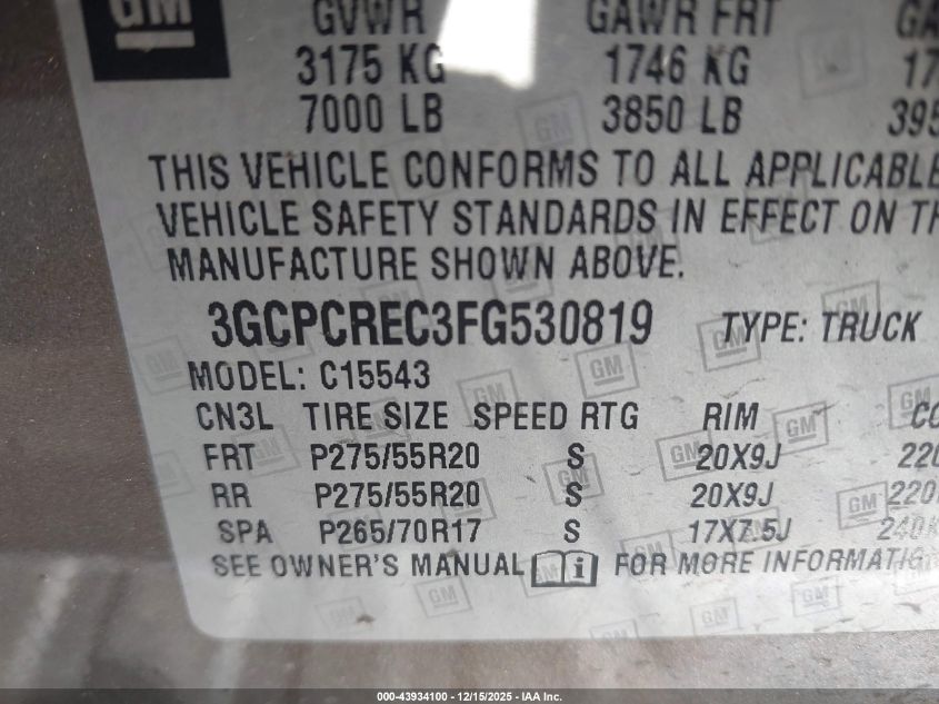 2015 Chevrolet Silverado 1500 1Lt VIN: 3GCPCREC3FG530819 Lot: 43934100