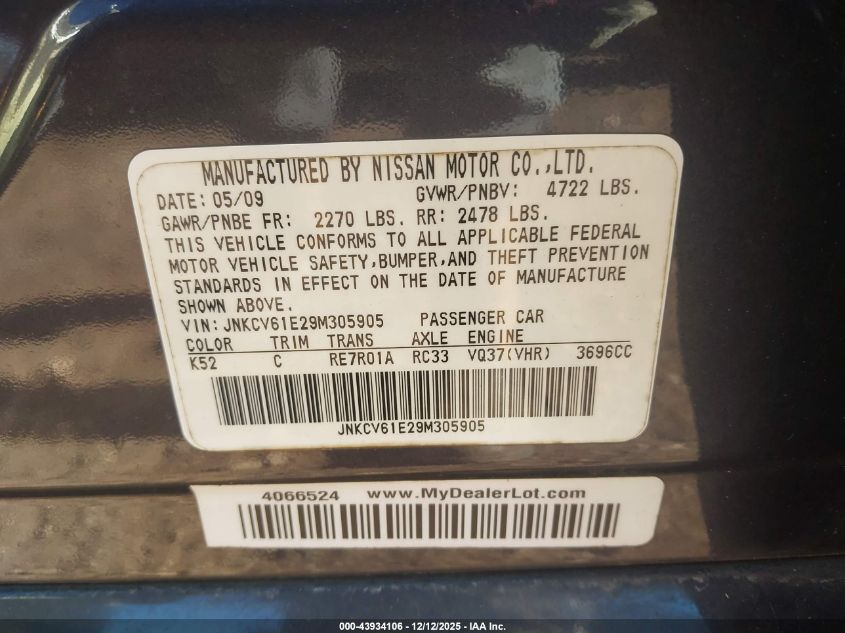 2009 Infiniti G37 Journey VIN: JNKCV61E29M305905 Lot: 43934106