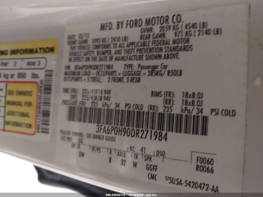 2013 Ford Fusion Se VIN: 3FA6P0H90DR271984 Lot: 43934116